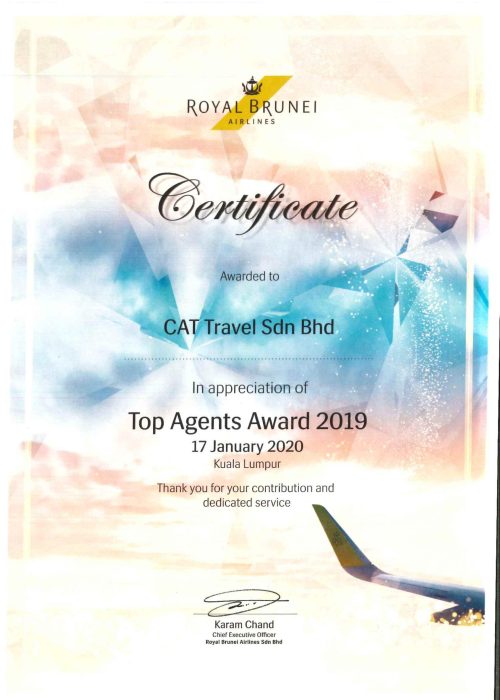 Royal Brunei Airlines Top Agents Award 2019 certificate